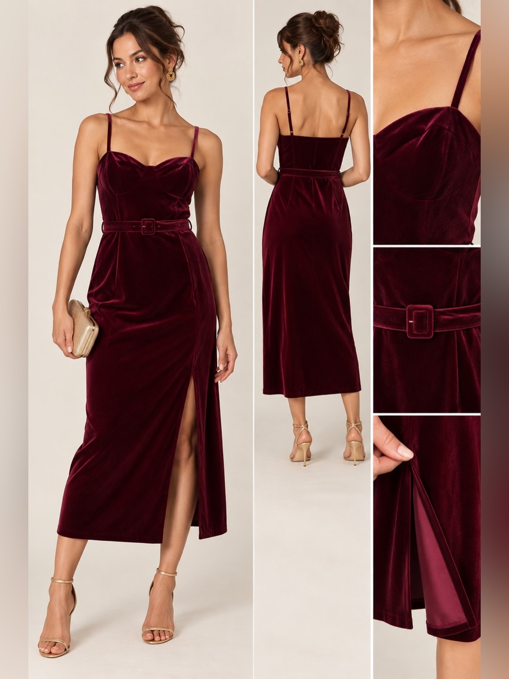 Velvet Spaghetti-Strap Midi Dress in Deep Burgundy